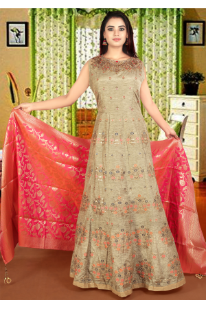Olive Green With Gold Pink Color Art Silk Designer Gown